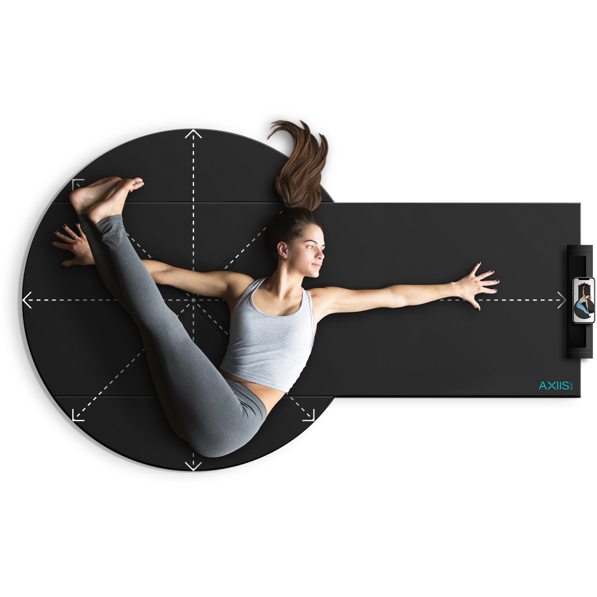 A Lady doing yoga on her Axiis Fit Yoga Mat and utilising the extra space from AXIIS Mats unique wing design